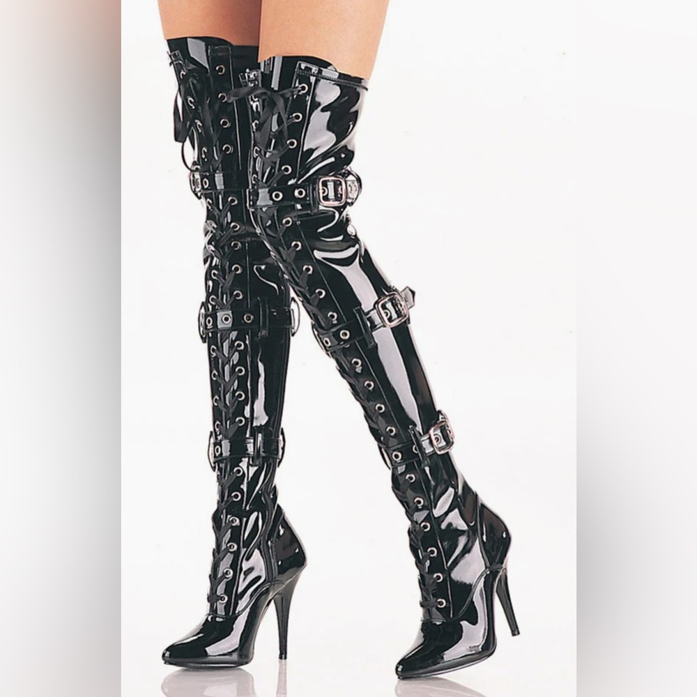 Pleaser - Seduce-3028 (size 11) Black Patent Leather Thigh-High Stiletto Boots